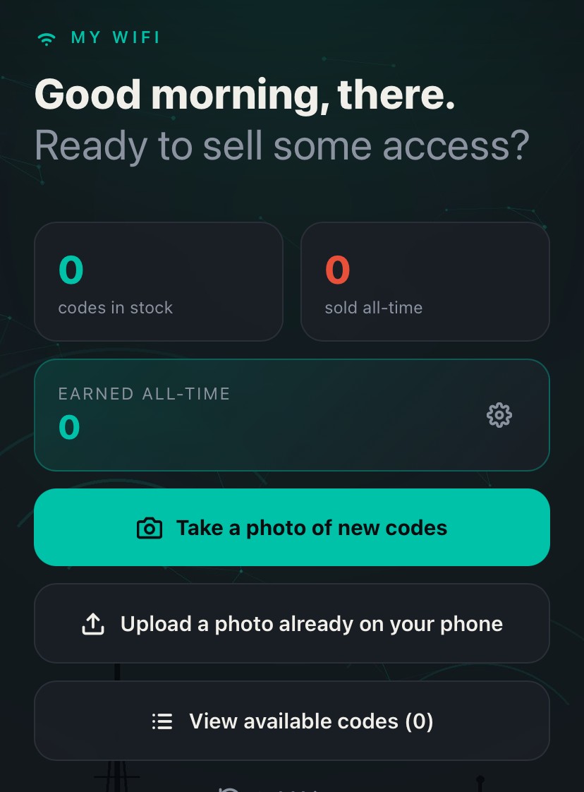 My WiFi home dashboard showing stock, sales, and earnings