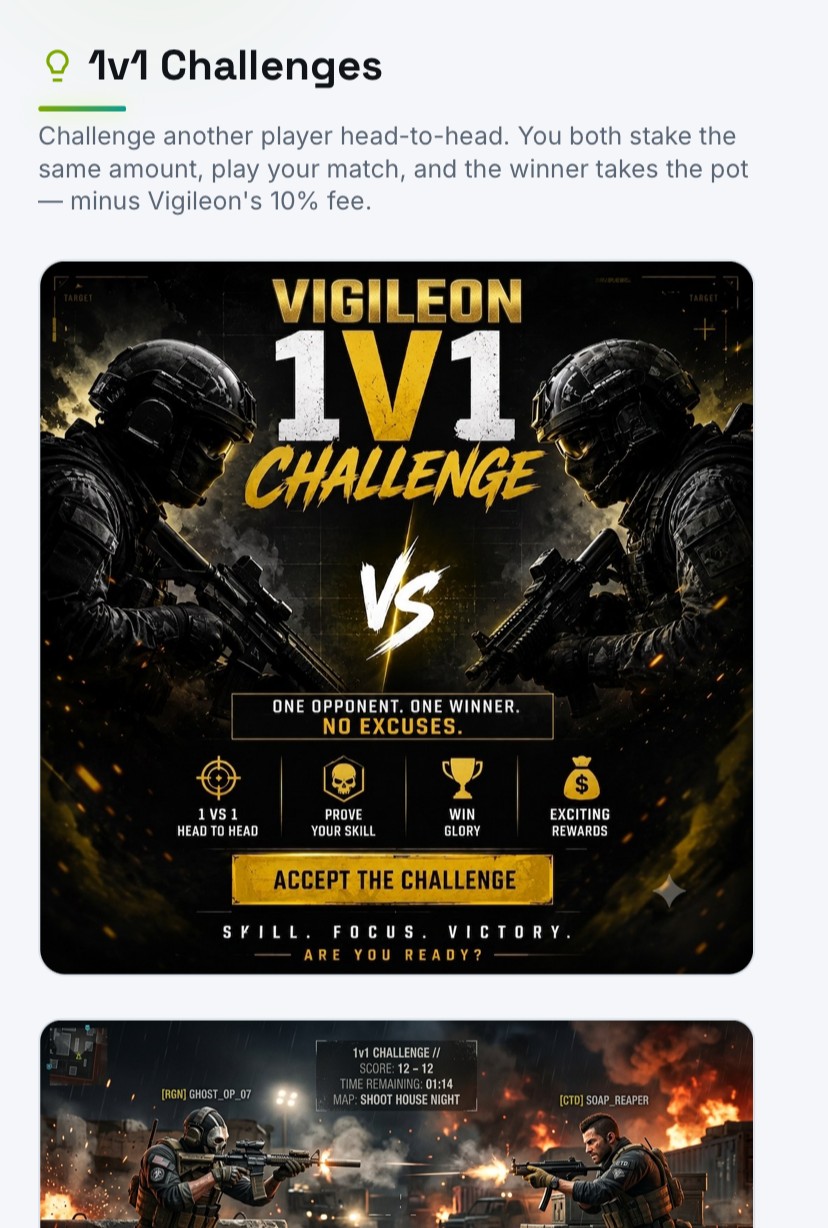 Vigileon League 1v1 challenges page