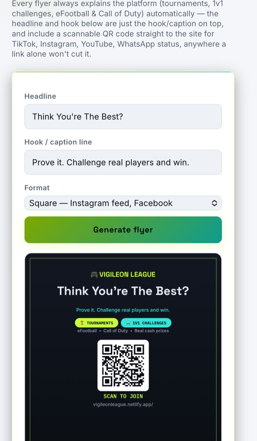 Vigileon League admin flyer generator with QR code